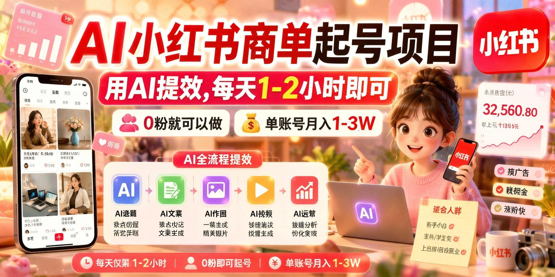 AI小红书商单起号：0粉可接单，AI提效每天1-2小时，单账号月入1-3W（哈）- 哈蒙副业社