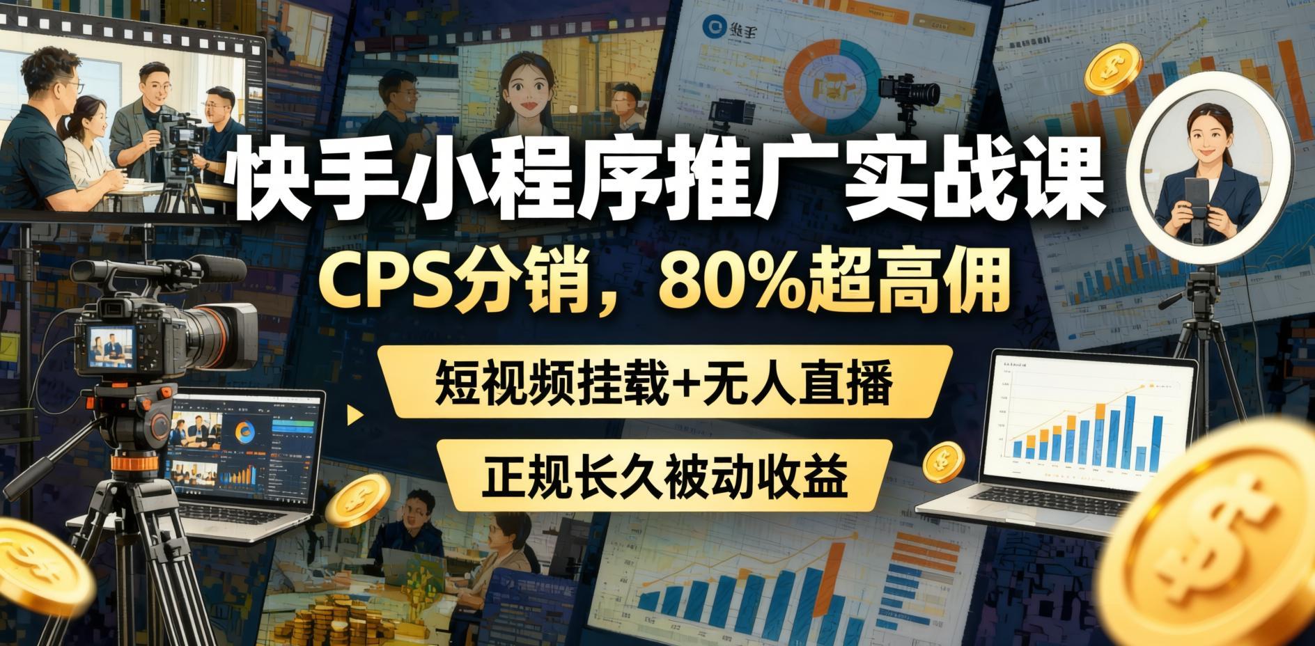 快手小程序推广实战课：CPS分销80%超高佣金，短视频挂载+无人直播，正规长久被动收益（哈）- 哈蒙副业社