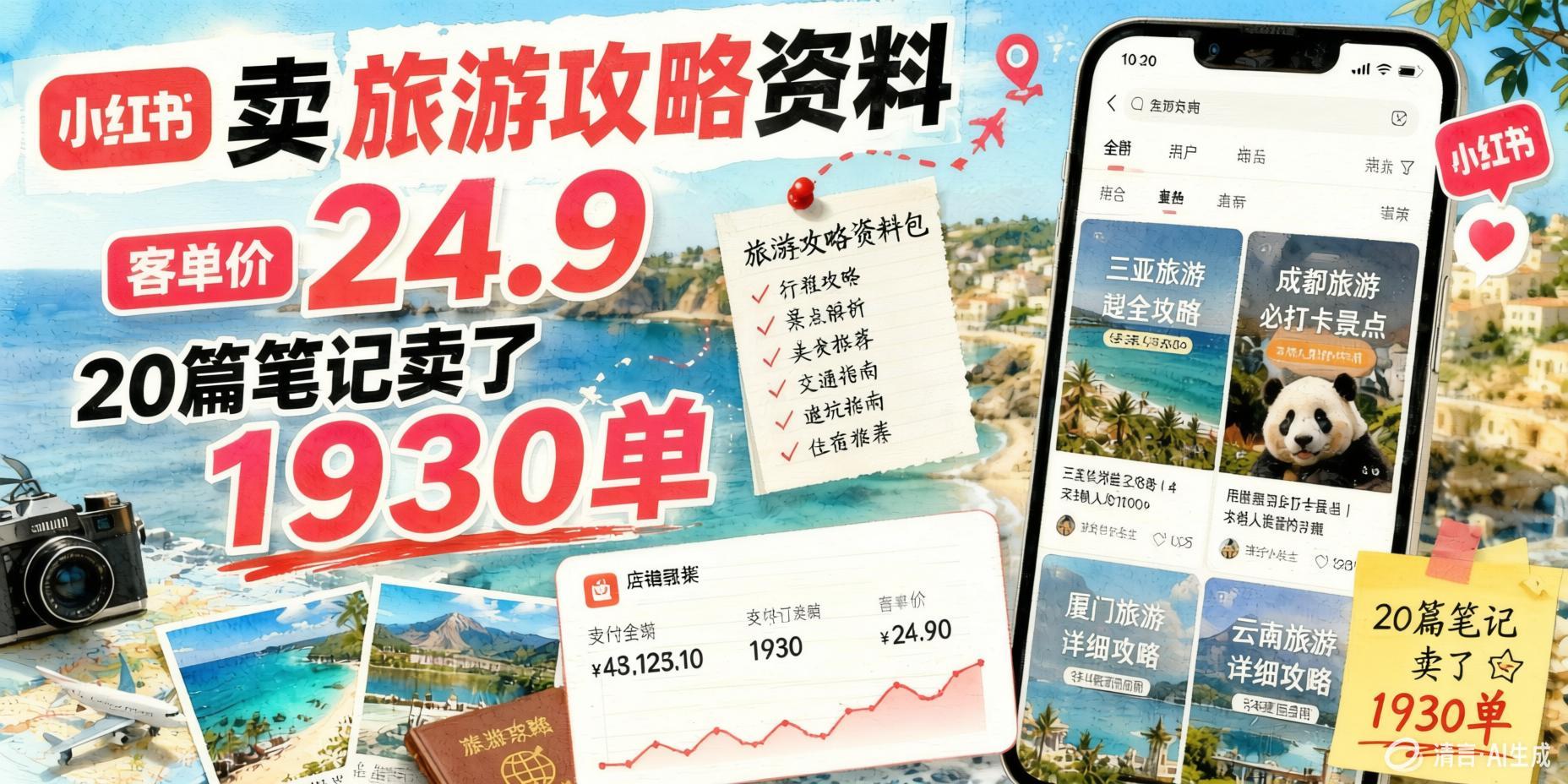 小红书旅游攻略资料副业：24.9元客单价，1930单的轻资产变现路径（哈）- 哈蒙副业社