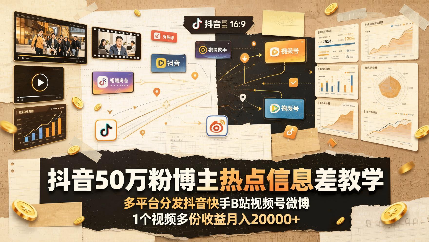 抖音50万粉博主亲授：热点信息差短视频，多平台分发单视频多份收益（哈）- 哈蒙副业社