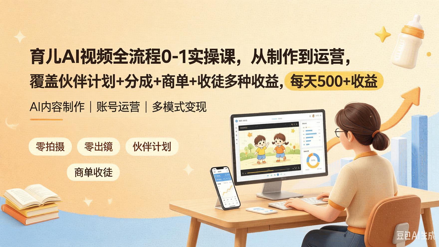 抖音AI育儿视频全流程实操：0基础起号、伙伴计划分成、商单收徒多模式变现（哈）- 哈蒙副业社
