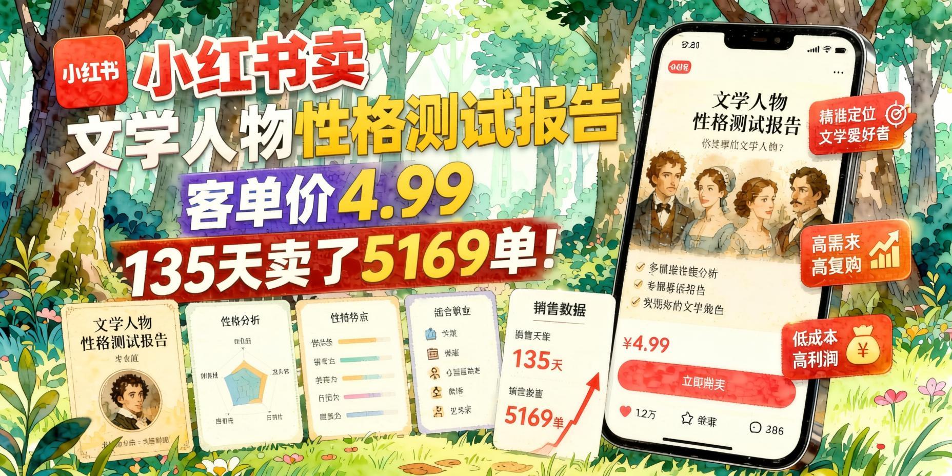 小红书虚拟资料新赛道：文学人物性格测试报告，客单价4.99元，135天成交5169单（哈）- 哈蒙副业社