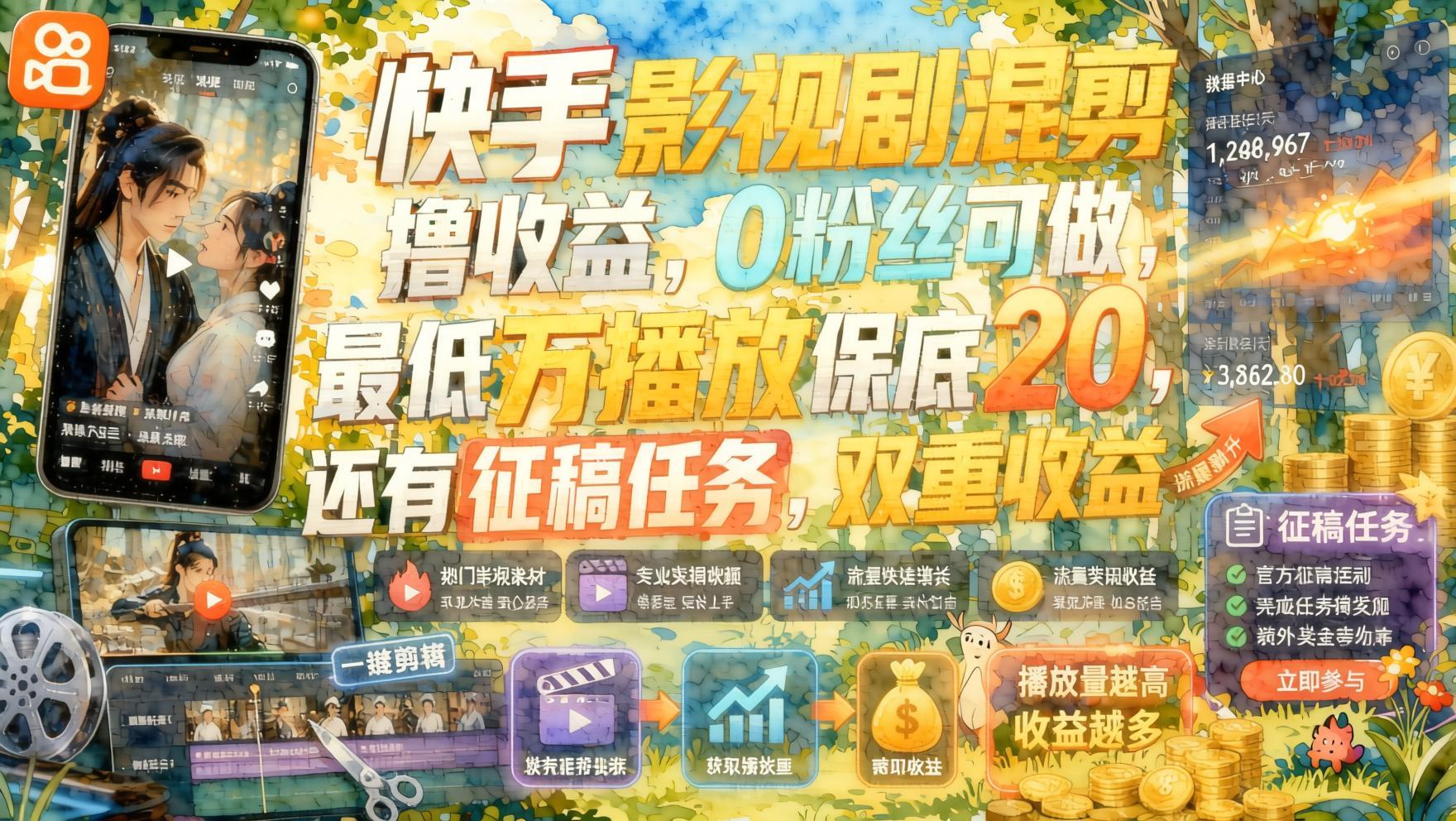 快手影视混剪变现玩法：0粉可做，最低万播保底20元，征稿任务双重收益（哈）- 哈蒙副业社