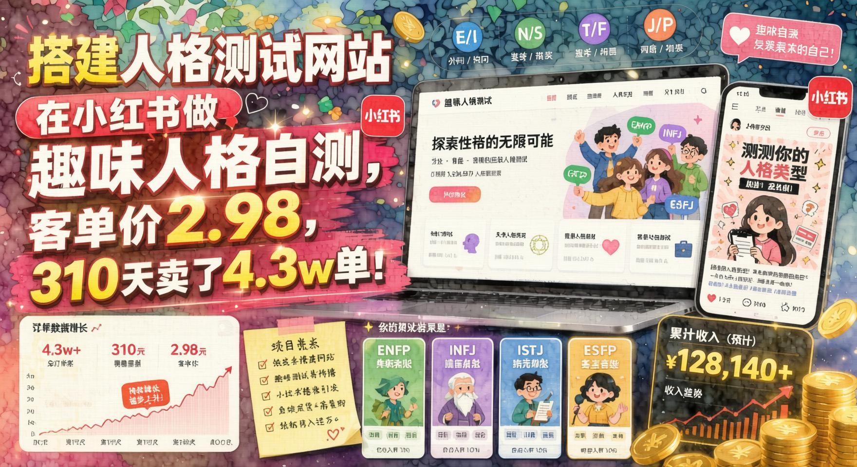 小红书趣味人格测试变现，客单价2.98元，310天卖出4.3万单的轻资产玩法（哈）- 哈蒙副业社