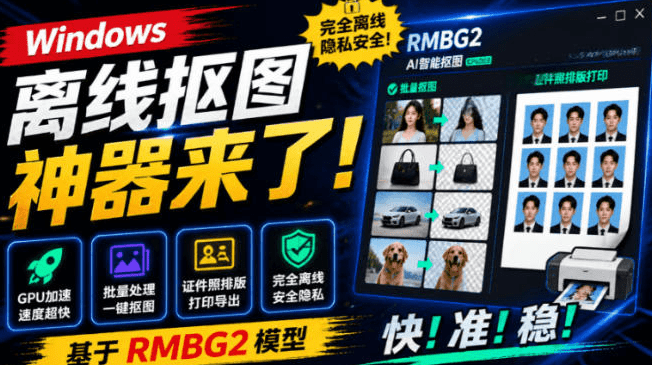 Windows离线抠图神器来了！支持批量抠图+证件照排版打印，基于RMBG2模型，GPU加速方块AI抠图- 哈蒙副业社
