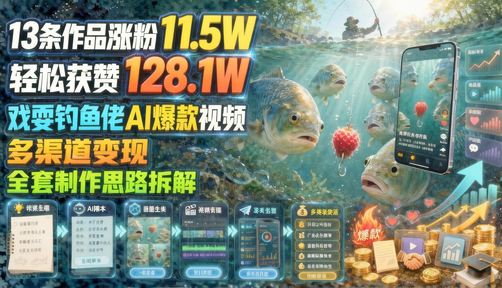 垂钓赛道AI趣味视频新玩法：13条作品涨粉11.5W，获赞128W，不露脸轻松复刻（哈）- 哈蒙副业社