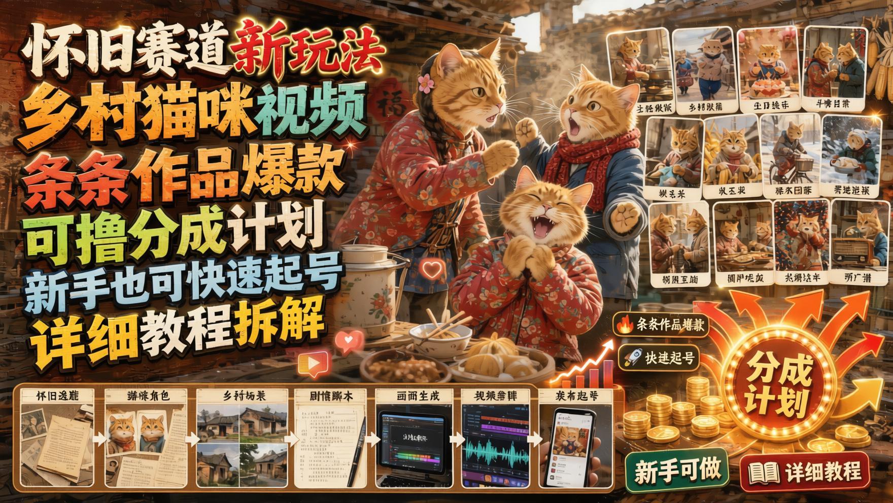 怀旧乡村猫咪视频教程：治愈系萌宠新玩法，快速起号撸分成收益（哈）- 哈蒙副业社