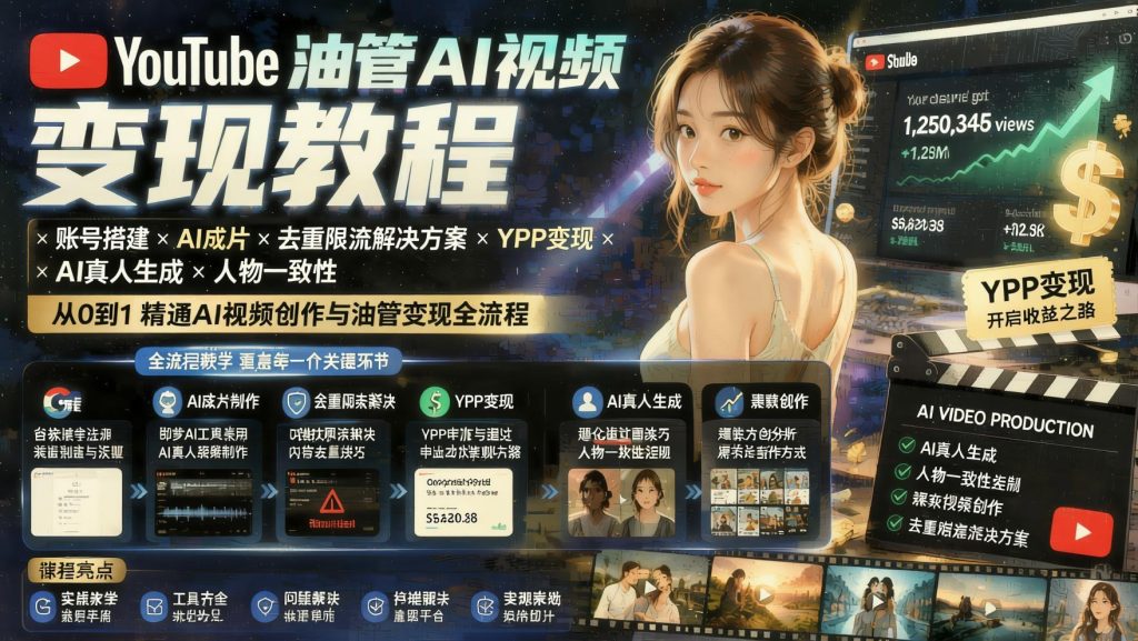 YouTube油管AI视频变现实操：账号搭建·AI成片·去重限流方案·YPP收益·真人形象与人物一致性控制（哈）- 哈蒙副业社