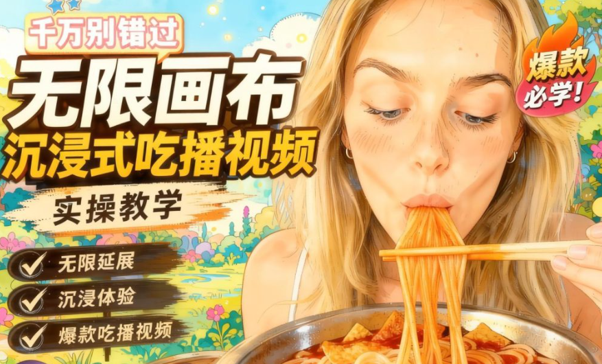 保姆级教程｜AI无线画布做沉浸式吃播，3步直接出片，零基础也能上手（哈）- 哈蒙副业社
