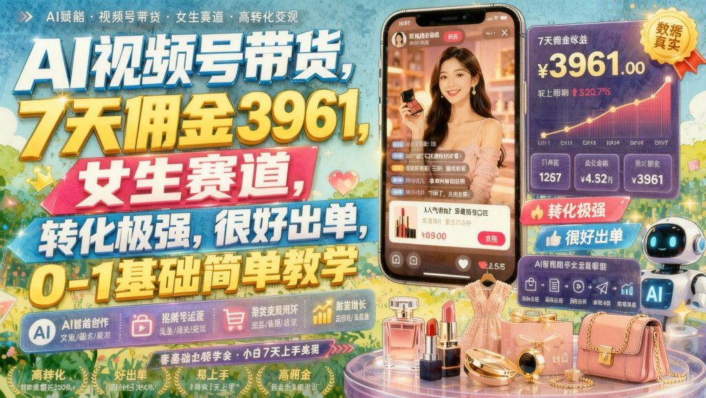 AI视频号带货新玩法：女生赛道转化强，7天佣金3961，零基础也能上手（哈）- 哈蒙副业社