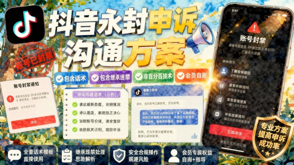 抖音永封申诉沟通方案，包含话术，包含继承违禁，非百分百技术，会员自测- 哈蒙副业社