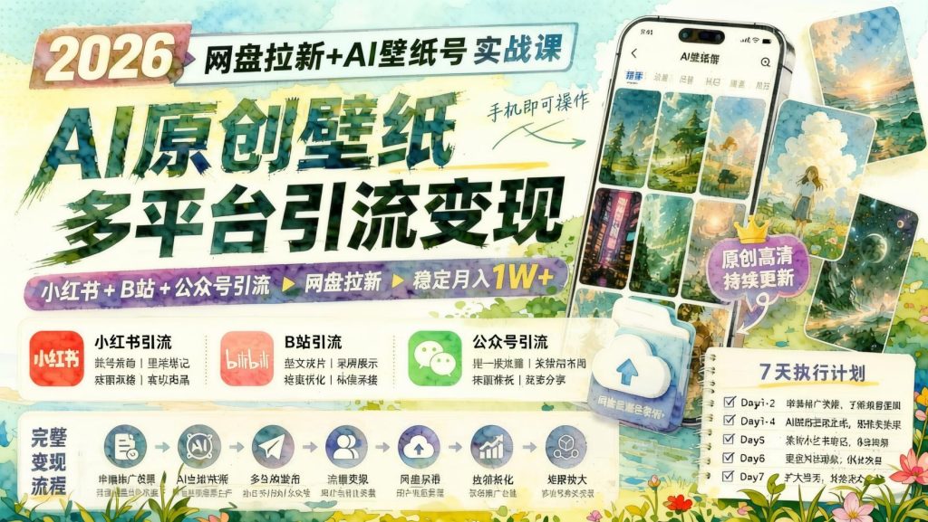 2026网盘拉新+AI壁纸号实战课：AI原创壁纸+小红书/B站/公众号引流，手机操作，月入过万（哈）- 哈蒙副业社
