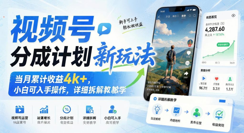 视频号分成计划新玩法拆解：小白可上手，月累计收益4000+（哈）- 哈蒙副业社