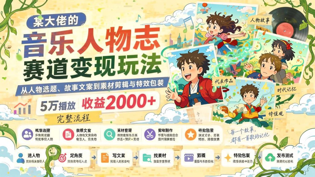 音乐人物志短视频变现全流程：选题文案剪辑特效，5万播放收益2000+（哈）- 哈蒙副业社