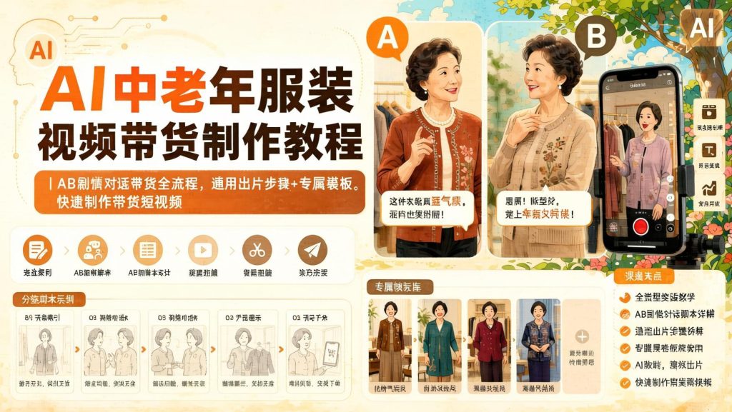 AI中老年服装带货视频教程：AB剧情对话玩法，不用出镜批量出片（哈）- 哈蒙副业社