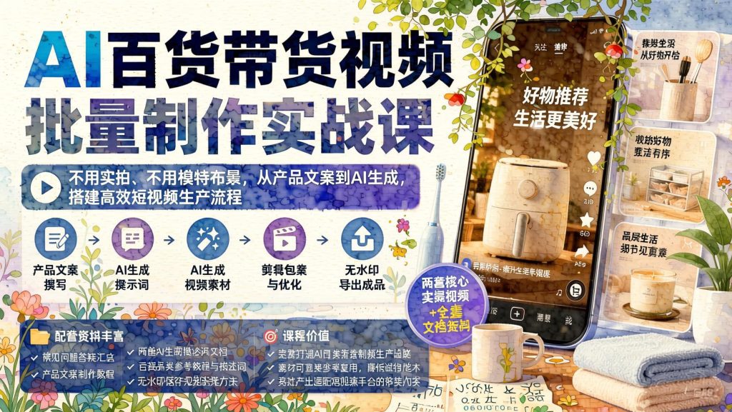 AI百货带货视频批量制作实战课：不实拍不布景，从文案到提示词搭建高效素材生产线（哈）- 哈蒙副业社