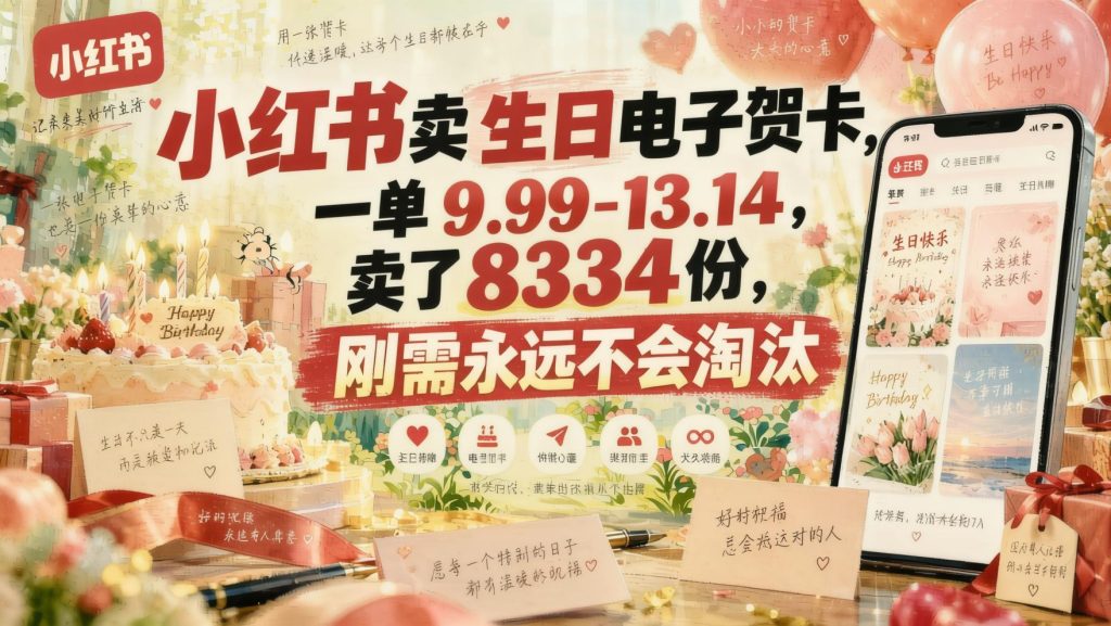 图片[1]- 小红书生日电子贺卡虚拟项目：一单9.99卖出8334份，零成本被动成交（哈）- 哈蒙副业社