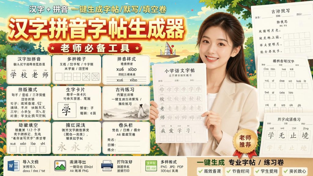 图片[1]- 学习神器，汉字拼音字帖生成器，汉字+拼音 一键生成字帖/默写/填空卷，支持词组、成语，老师、家长必备- 哈蒙副业社