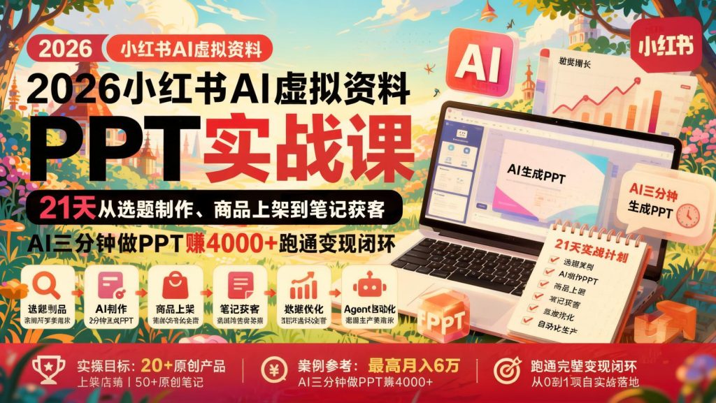 图片[1]- 小红书AI虚拟资料PPT实战课：21天跑通选题到变现，AI三分钟做教育PPT（哈）- 哈蒙副业社