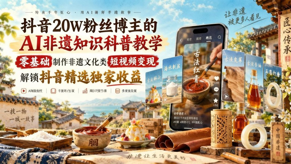 图片[1]- 抖音AI非遗知识科普短视频，20W粉丝博主教学，零基础做文化类内容与精选流量（哈）- 哈蒙副业社