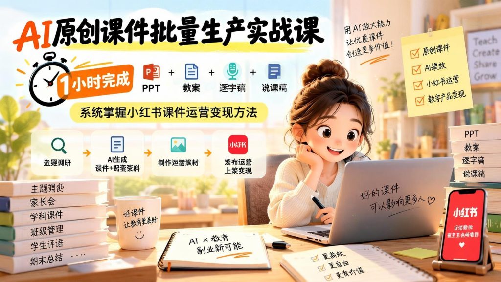 图片[1]- AI原创课件批量生产实战课，1小时搞定PPT教案逐字稿说课稿，小红书课件运营思路拆解（哈）- 哈蒙副业社