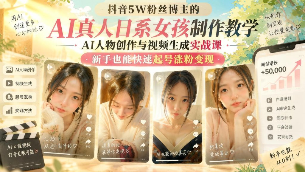 图片[1]- AI日系真人女孩短视频课：人物创作、视频生成与账号变现全流程（哈）- 哈蒙副业社