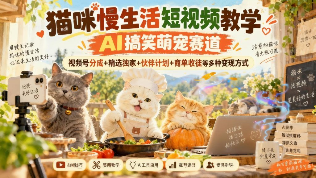 图片[1]- 视频号AI猫咪慢生活短视频课：搞笑萌宠赛道起号与多种合作方式拆解（哈）- 哈蒙副业社