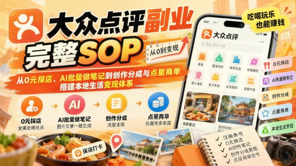 图片[1]- 大众点评AI创作分成实战：养号、0元探店、出片点笔记与商单玩法（哈）- 哈蒙副业社