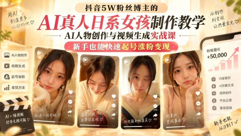 图片[1]- 抖音5W粉博主的AI真人日系女孩实战课：人物创作+视频生成，新手起号涨粉全流程（哈）- 哈蒙副业社