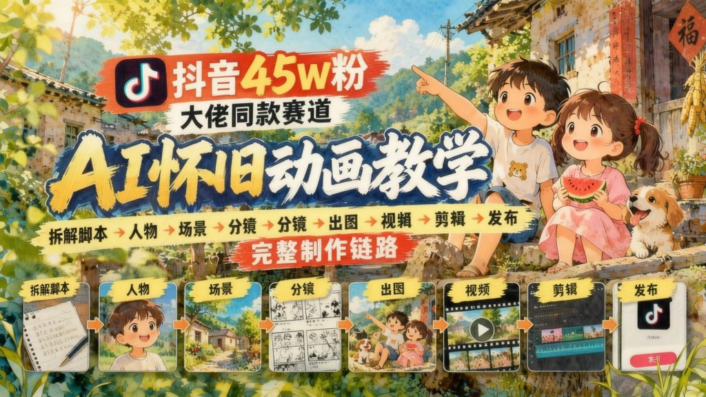 图片[1]- 抖音45万粉同款AI怀旧动画短视频：脚本分镜人物场景到剪辑发布全链路（哈）- 哈蒙副业社