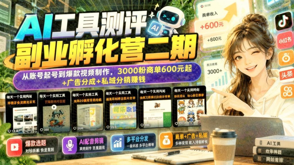 图片[1]- AI工具测评副业孵化营二期：账号起号到爆款视频，商单广告与私域分销全流程（哈）- 哈蒙副业社