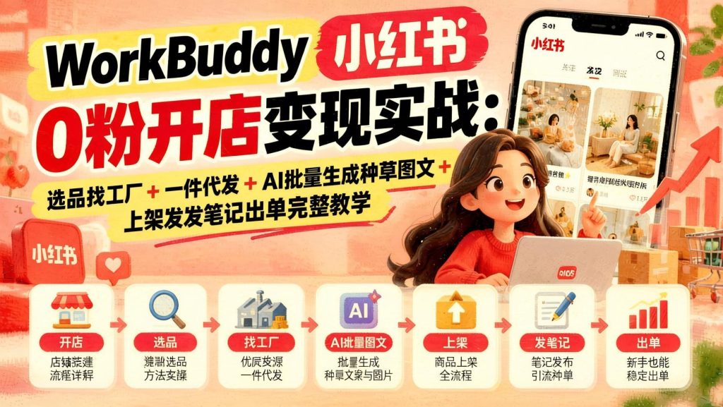 图片[1]- 小红书0粉开店实操：WorkBuddy选品找工厂，一件代发+AI批量种草图文出单（哈）- 哈蒙副业社