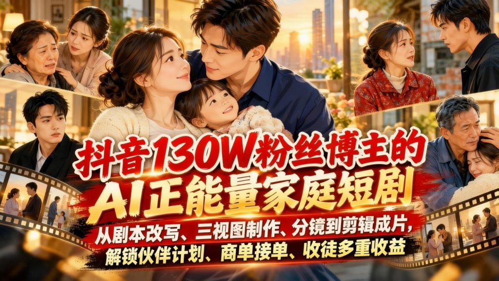 图片[1]- 抖音130W粉博主同款AI正能量家庭短剧实战：剧本改写+三视图+分镜剪辑全流程（哈）- 哈蒙副业社