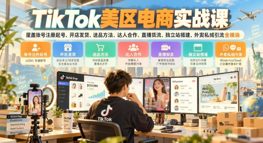 图片[1]- TikTok美区电商实战全链路：账号起号+小店发货+选品达人+直播投流+独立站私域（哈）- 哈蒙副业社