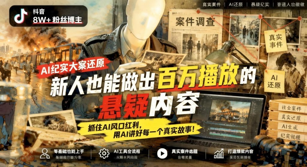 图片[1]- AI纪实大案还原实战：8W粉博主亲授，零基础做悬疑爆款内容（哈）- 哈蒙副业社