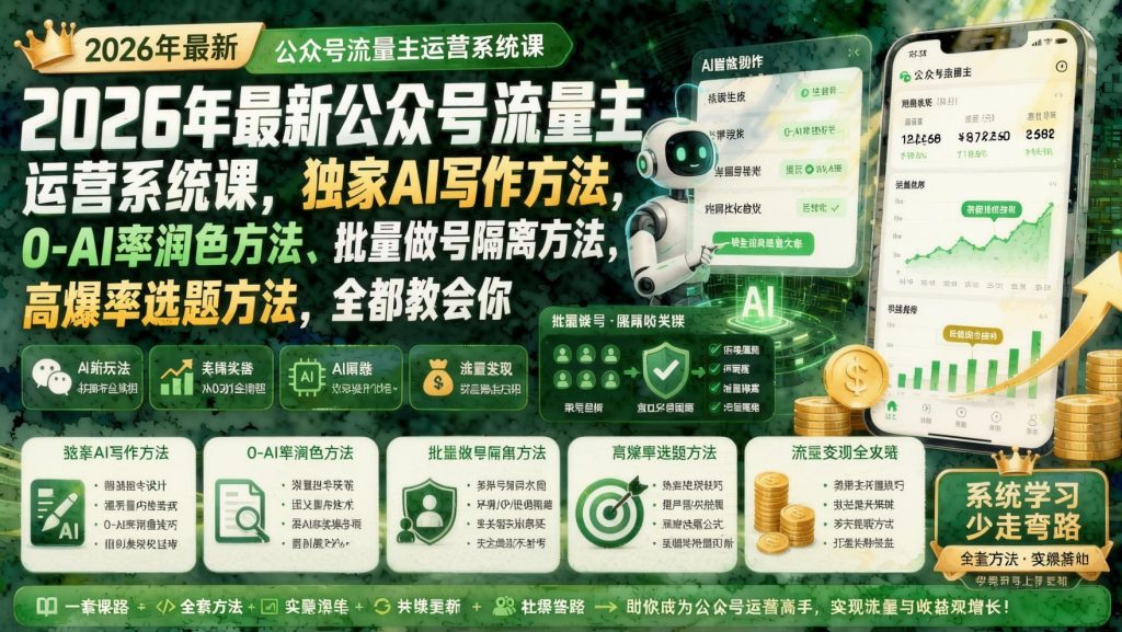 图片[1]- 2026公众号流量主全新运营课：AI写作+降痕+批量隔离+高爆选题全拆解（哈）- 哈蒙副业社