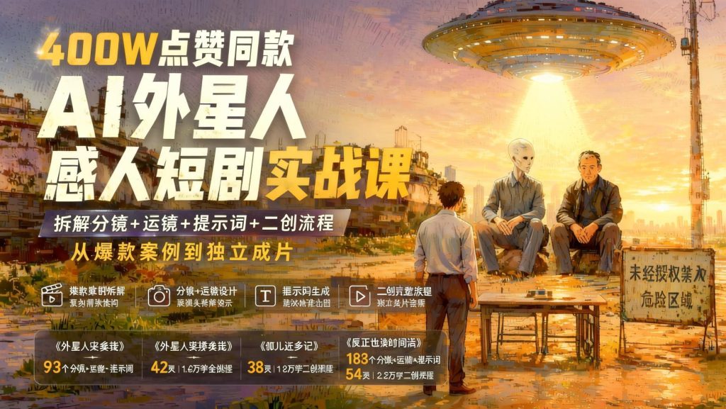 图片[1]- AI外星人情感短剧爆款拆解实战：分镜运镜提示词与二创独立成片全流程（哈）- 哈蒙副业社