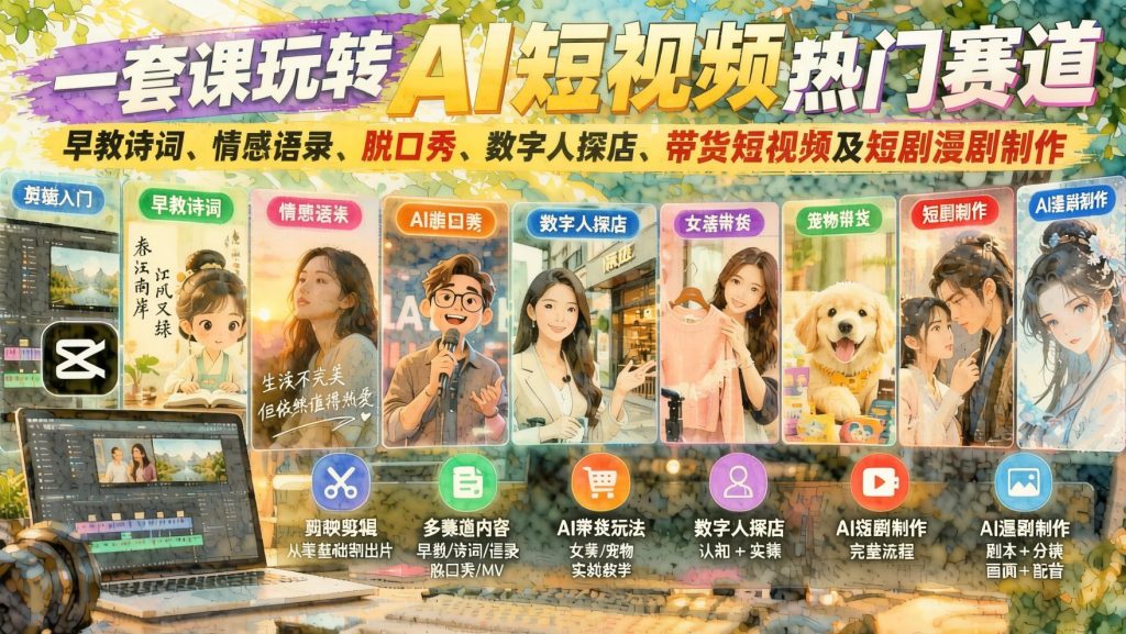 图片[1]- AI短视频热门赛道全套实操：从早教诗词、情感语录到数字人探店与短剧漫剧（哈）- 哈蒙副业社
